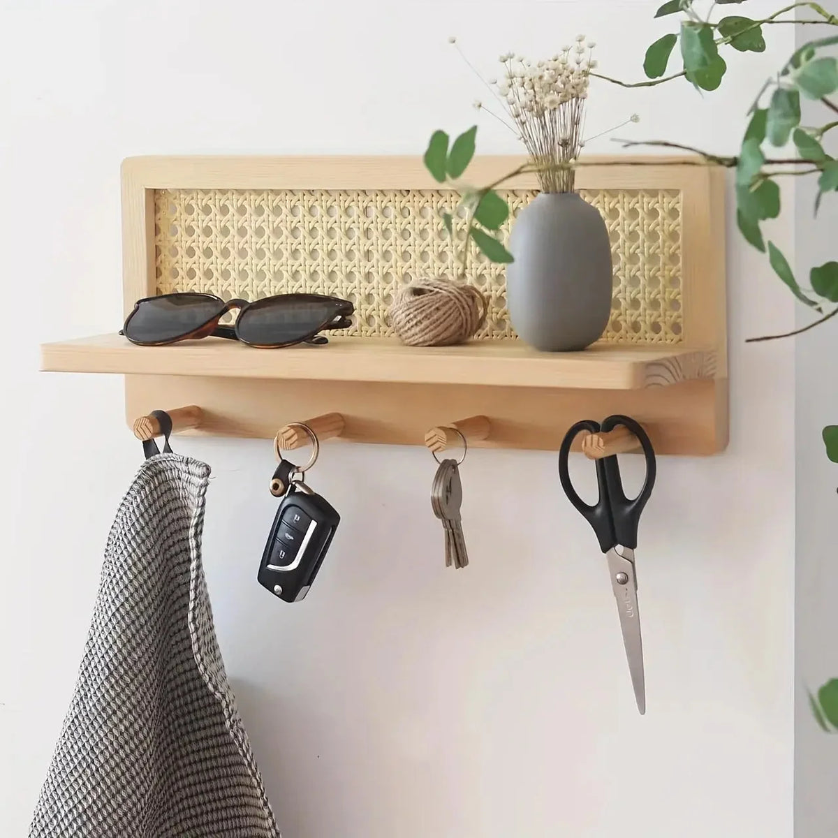 Wall Shelf Wooden With 4 Metal Hooks