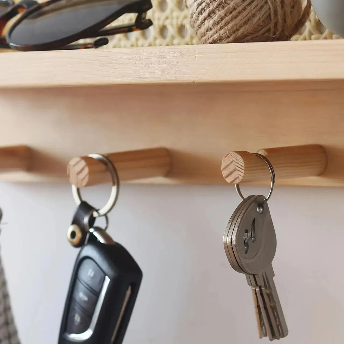 Wall Shelf Wooden With 4 Metal Hooks