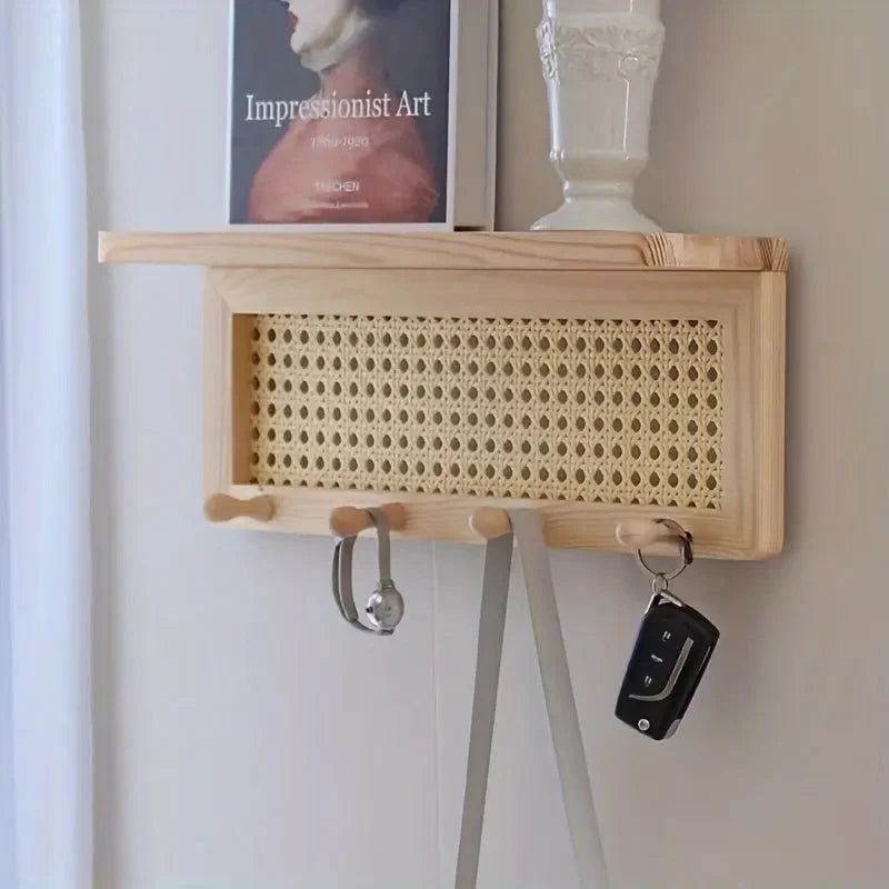 Wall Shelf Wooden With 4 Metal Hooks