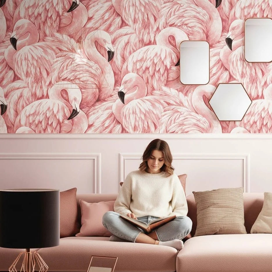 Wallpaper Pink Flamingo Tropical Vinyl Wipeable