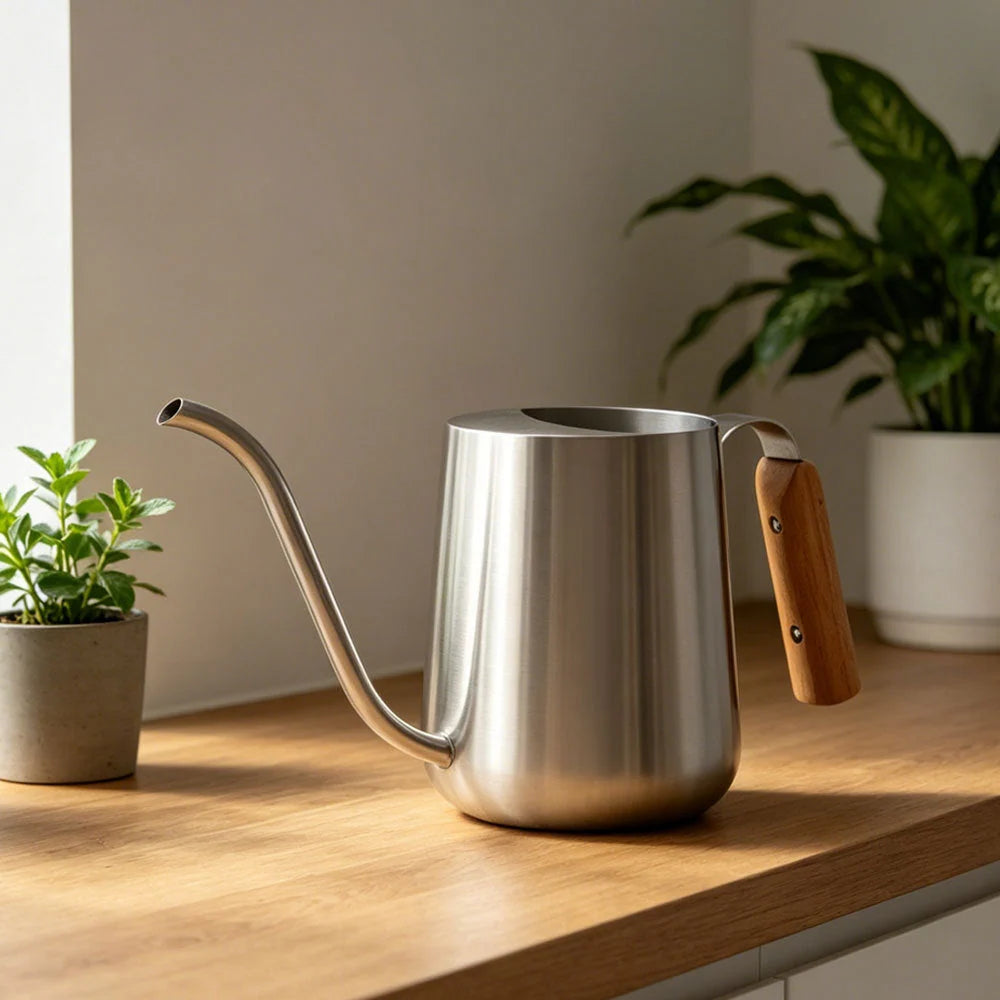 Watering Can Stainless Steel Long Spout Wooden Handle 1L