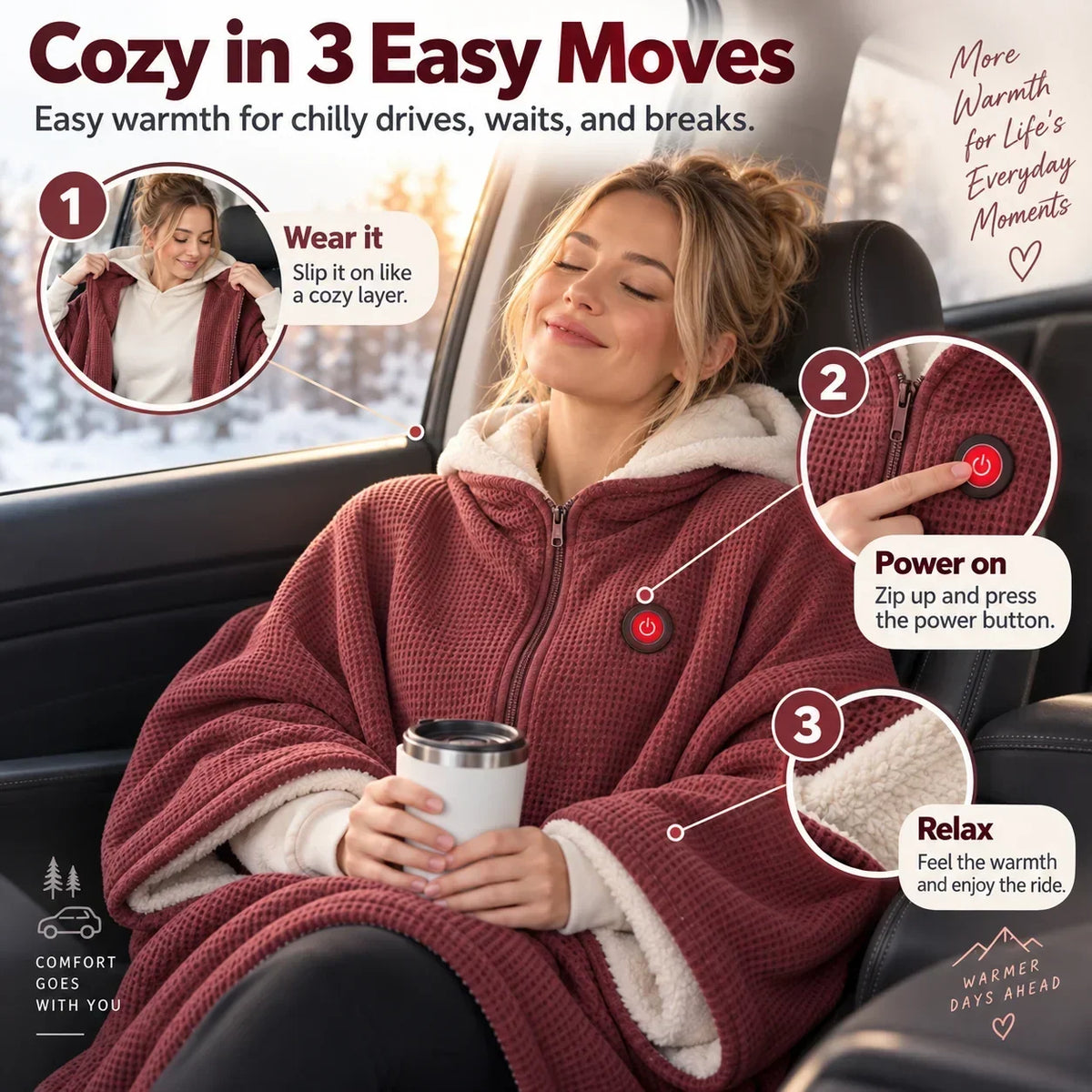 Wearable Heated Blanket USB Powered 3 Heat Settings Hands-Free Comfort