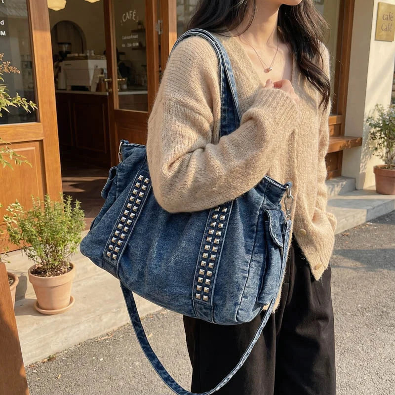 Weekender Bag Distressed Denim Adjustable Shoulder Strap & Side Pockets
