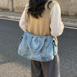 Weekender Bag Distressed Denim Adjustable Shoulder Strap & Side Pockets