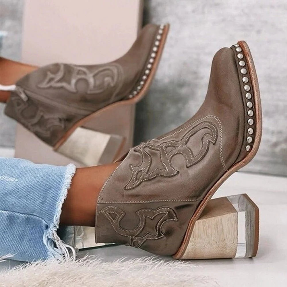 Western Ankle Boots Embroidered Square Heel Side Zip