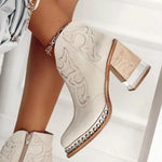 Western Ankle Boots Embroidered Square Heel Side Zip