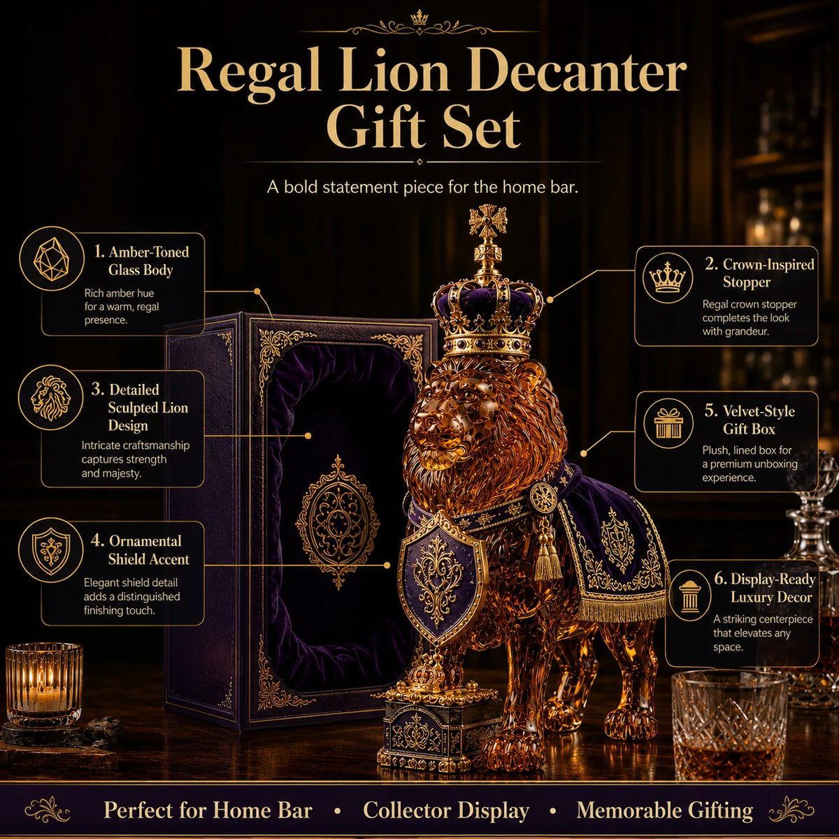 Whiskey Decanter Lion Design High-Clarity Glass 11.8 Oz