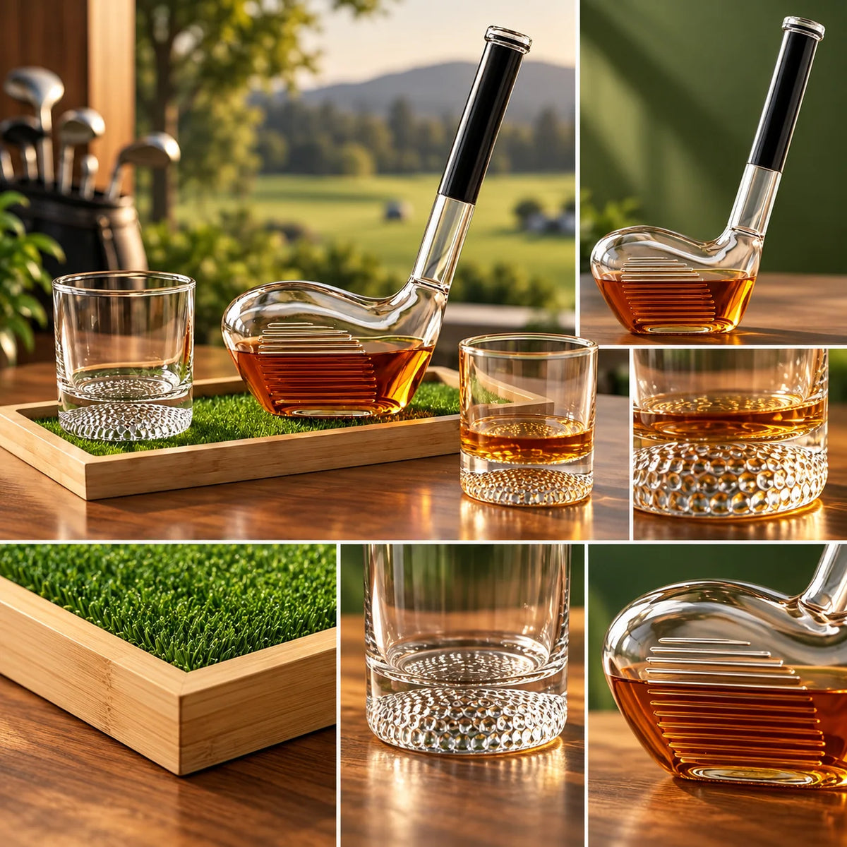 Whiskey Decanter Set Golf Club Design & Wooden Tray