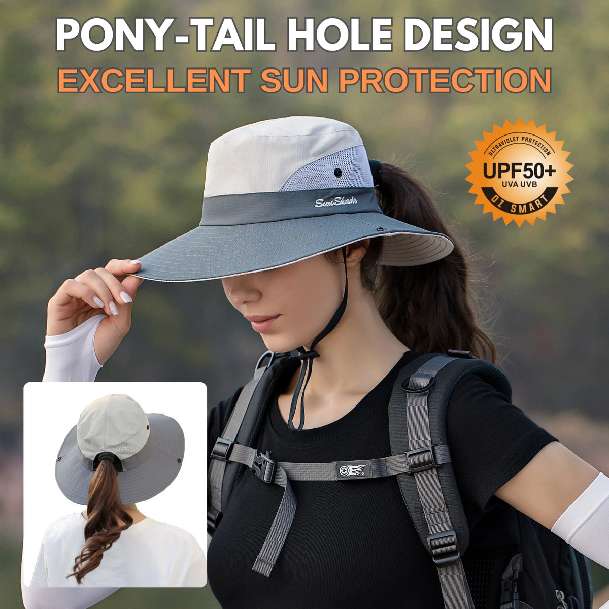 Wide Brim Sun Hat UPF50+ Ponytail Hole Packable