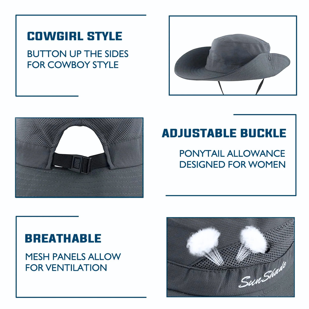Wide Brim Sun Hat UPF50+ Ponytail Hole Packable