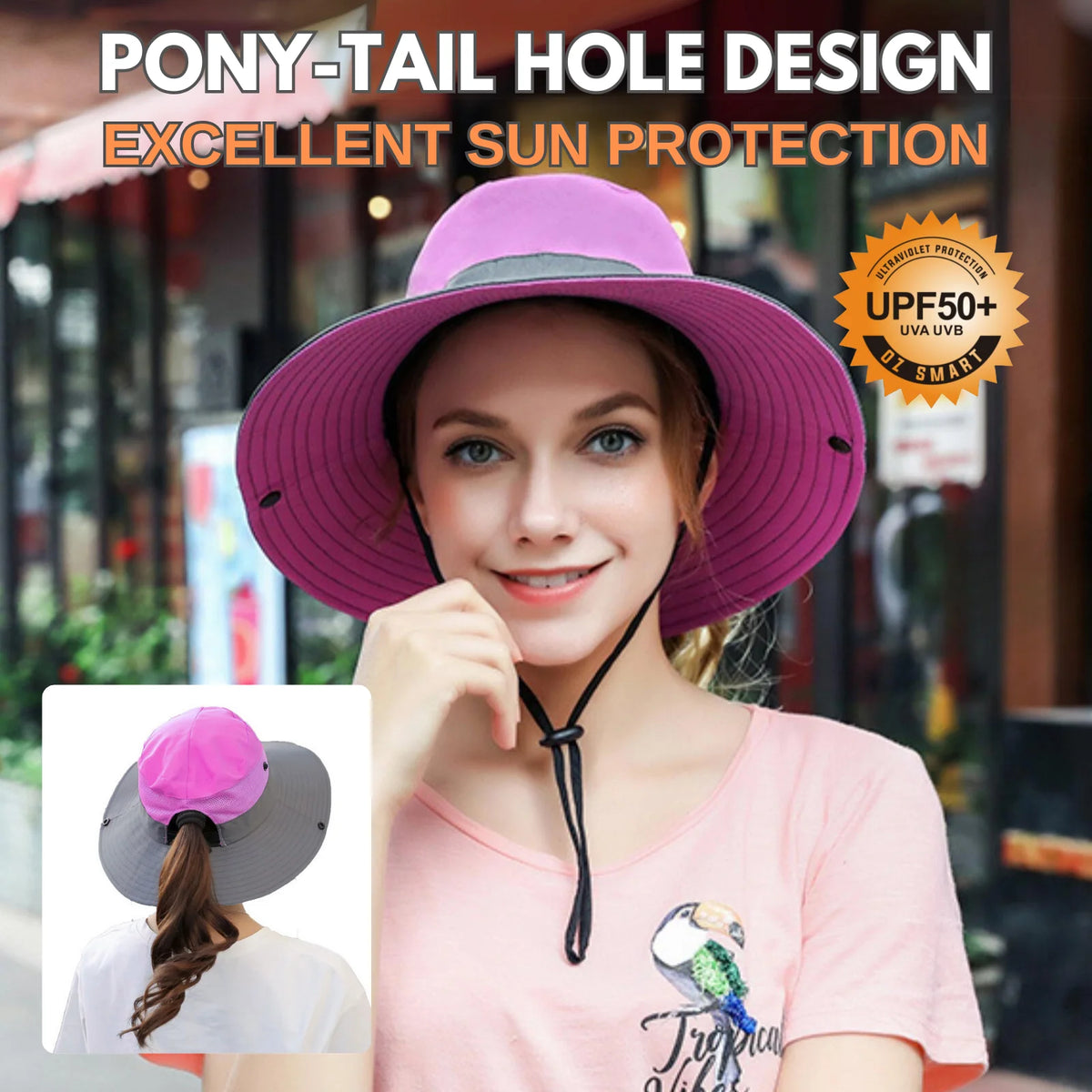 Wide Brim Sun Hat UPF50+ Ponytail Hole Packable