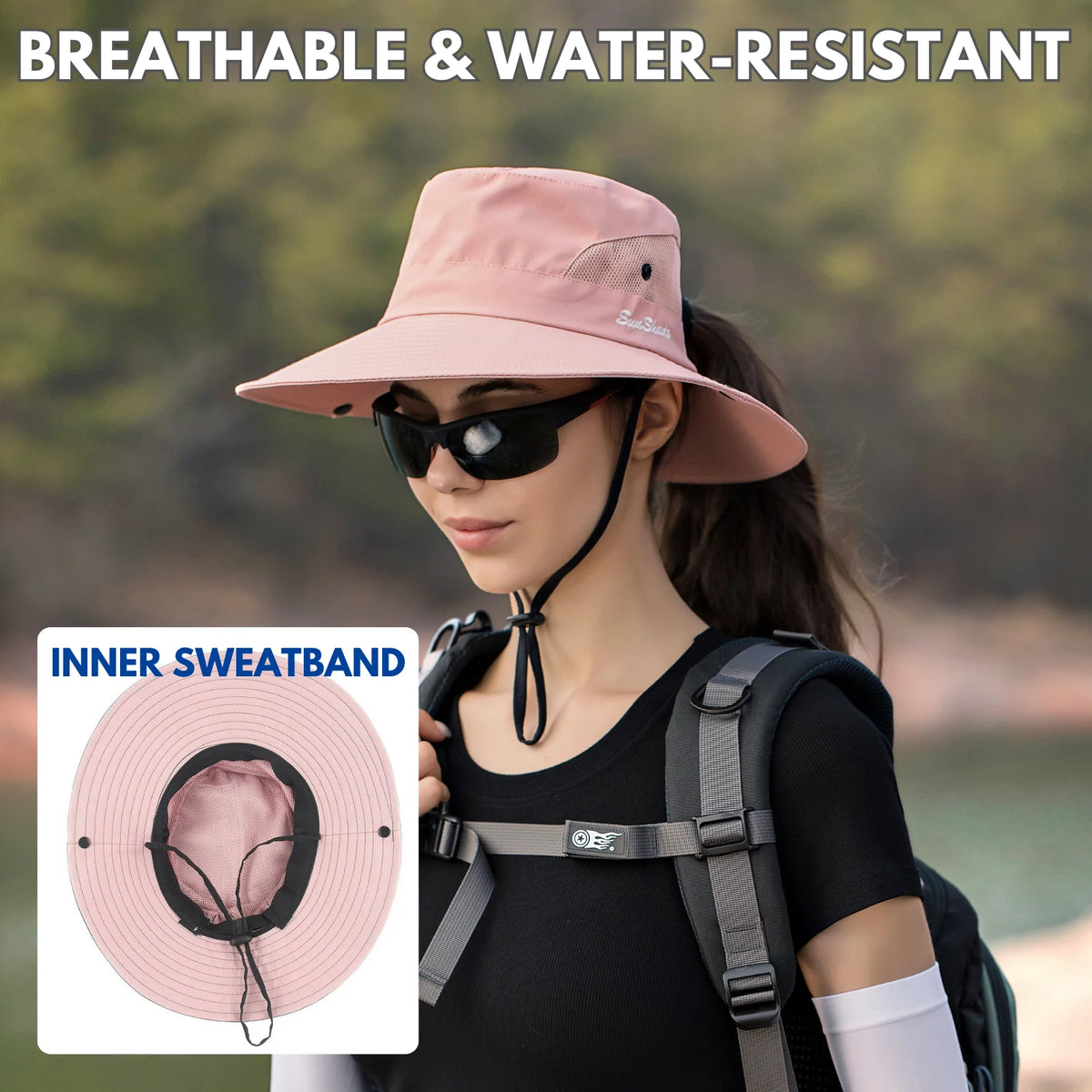 Wide Brim Sun Hat UPF50+ Ponytail Hole Packable