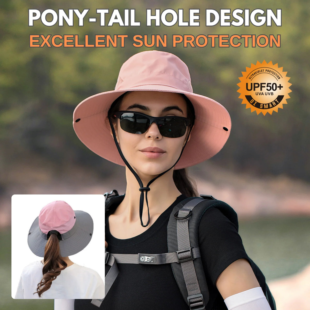 Wide Brim Sun Hat UPF50+ Ponytail Hole Packable
