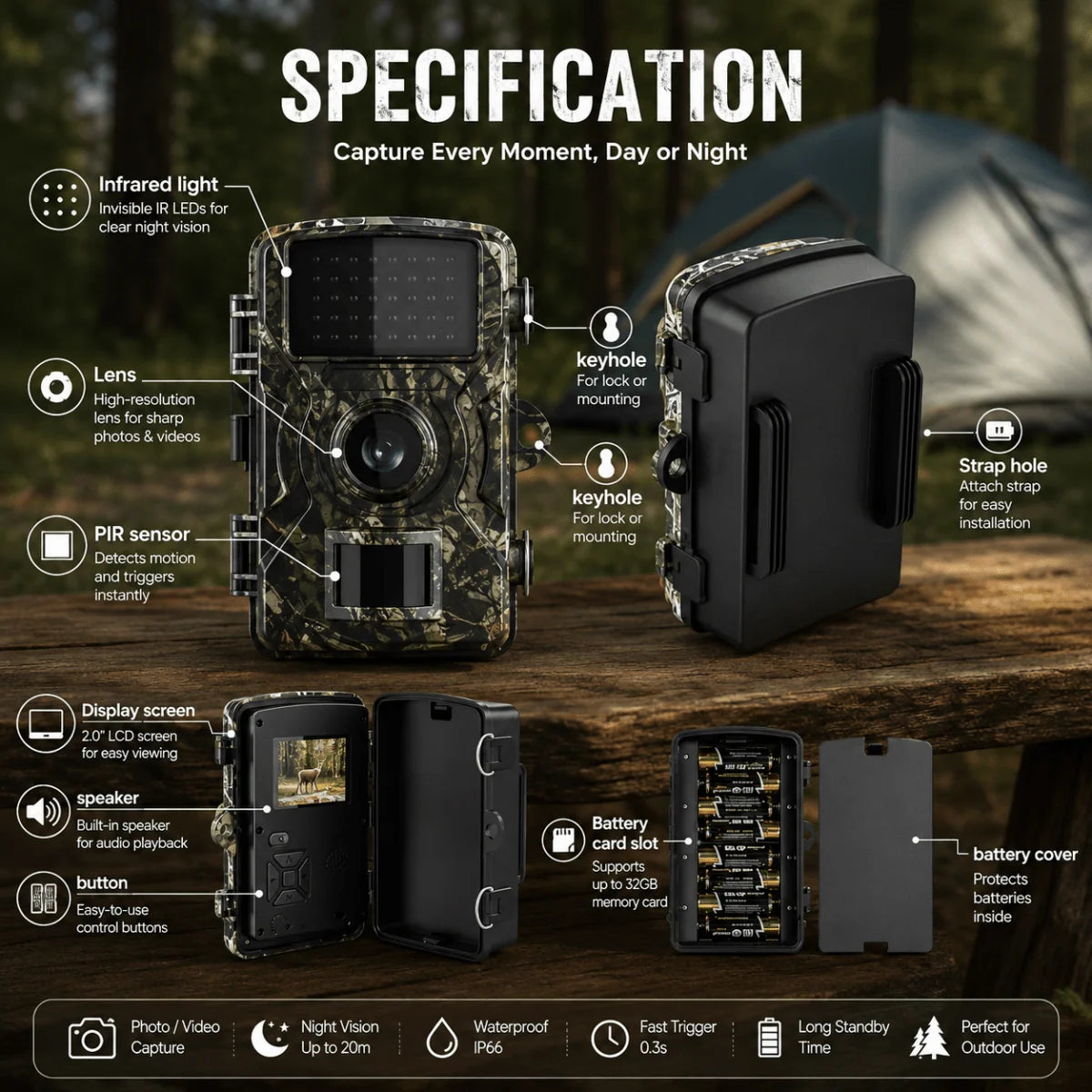 Wildlife Camera Motion-Activated Day & Night Recording Weather-Resistant