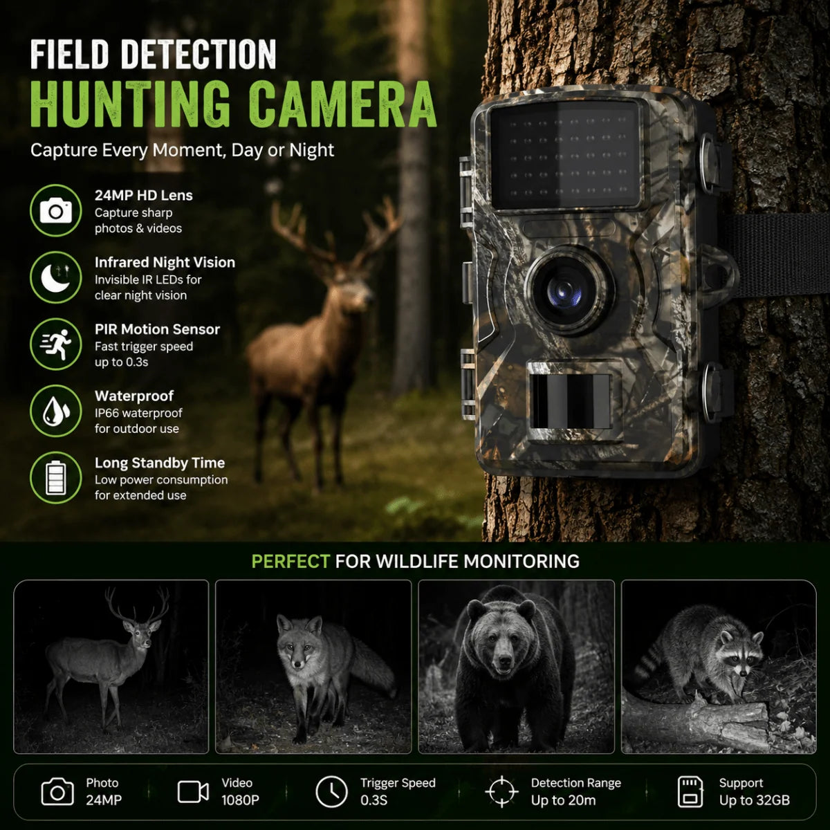 Wildlife Camera Motion-Activated Day & Night Recording Weather-Resistant