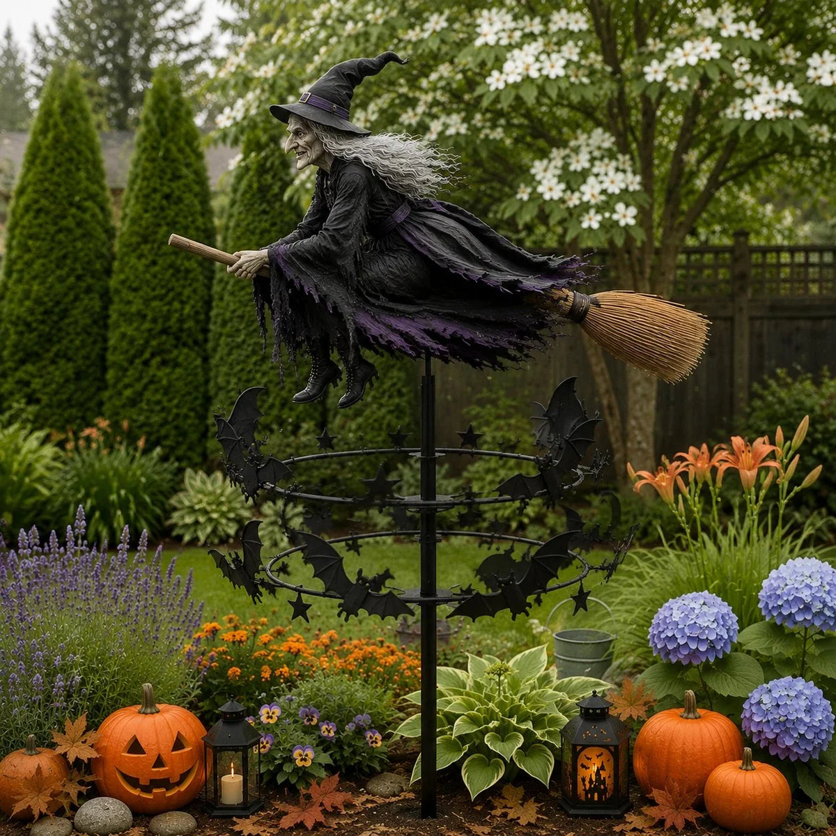 Wind Spinner Weather-Resistant Metal Halloween Witch Design