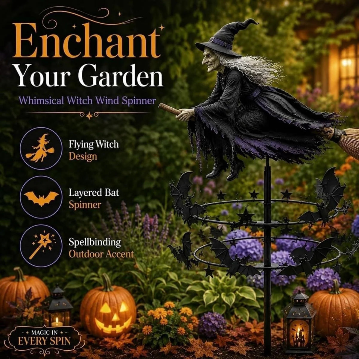 Wind Spinner Weather-Resistant Metal Halloween Witch Design