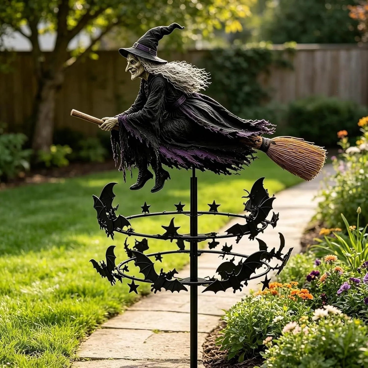 Wind Spinner Weather-Resistant Metal Halloween Witch Design