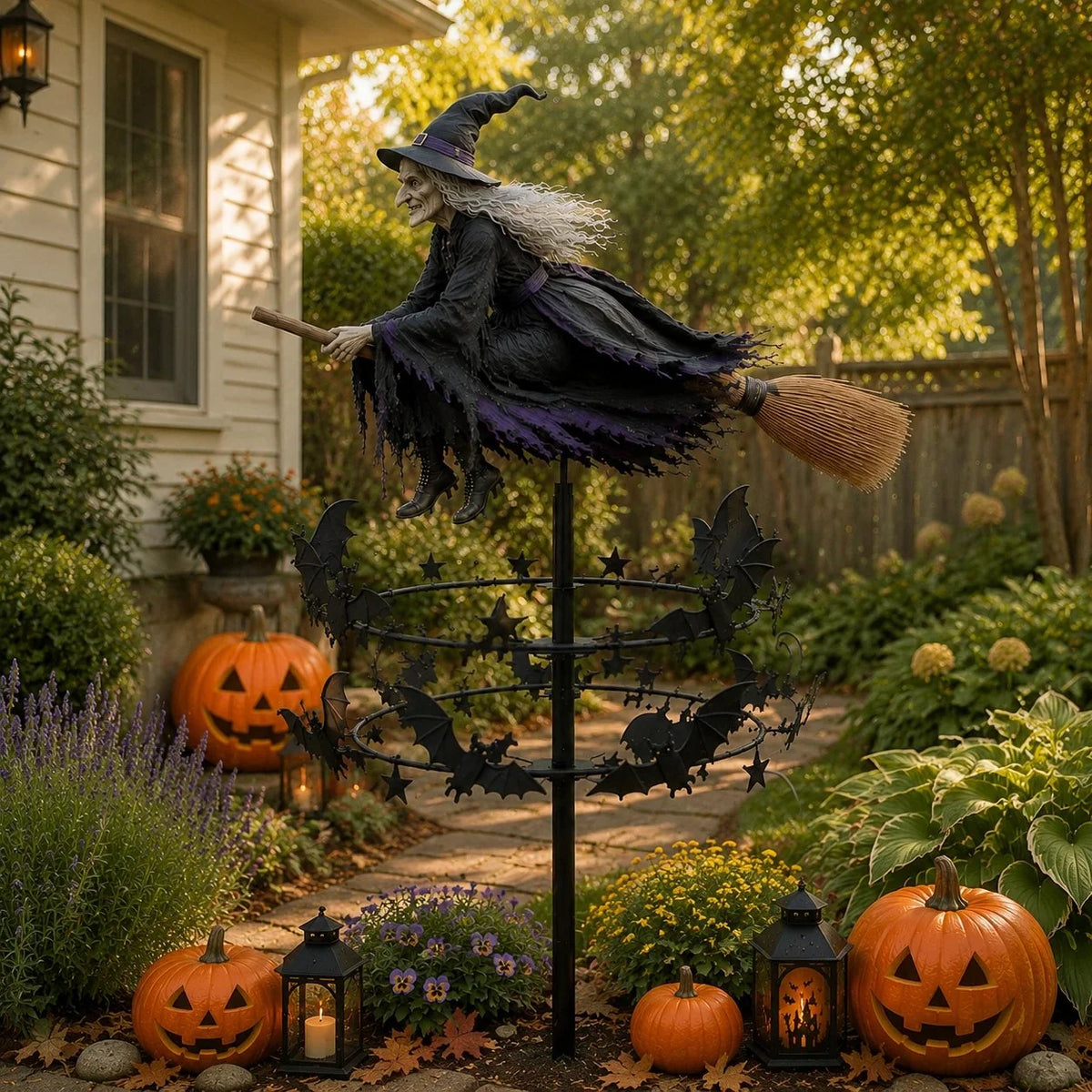 Wind Spinner Weather-Resistant Metal Halloween Witch Design