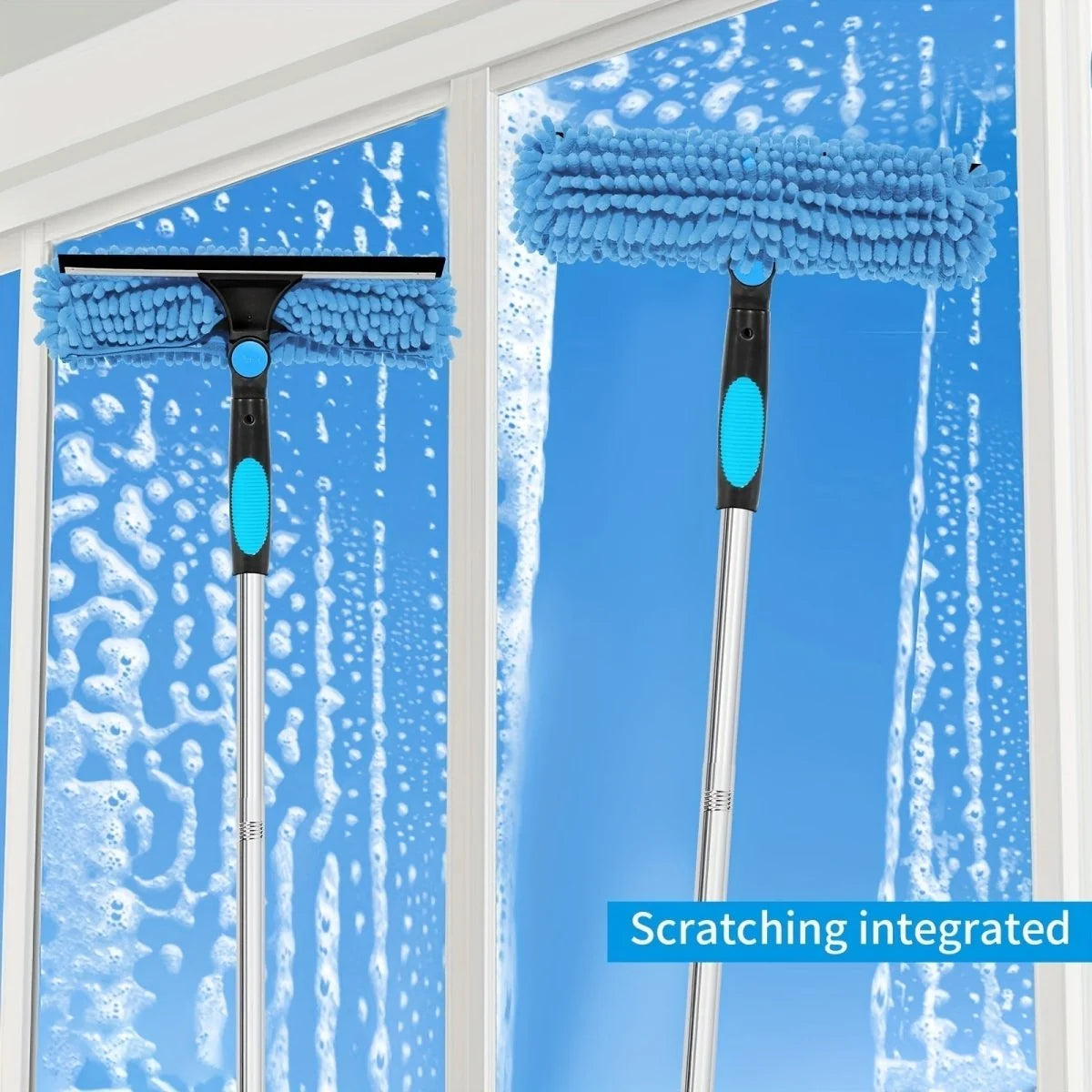Window Cleaning Tool 2-in-1 Scrubber & Squeegee Telescopic Pole