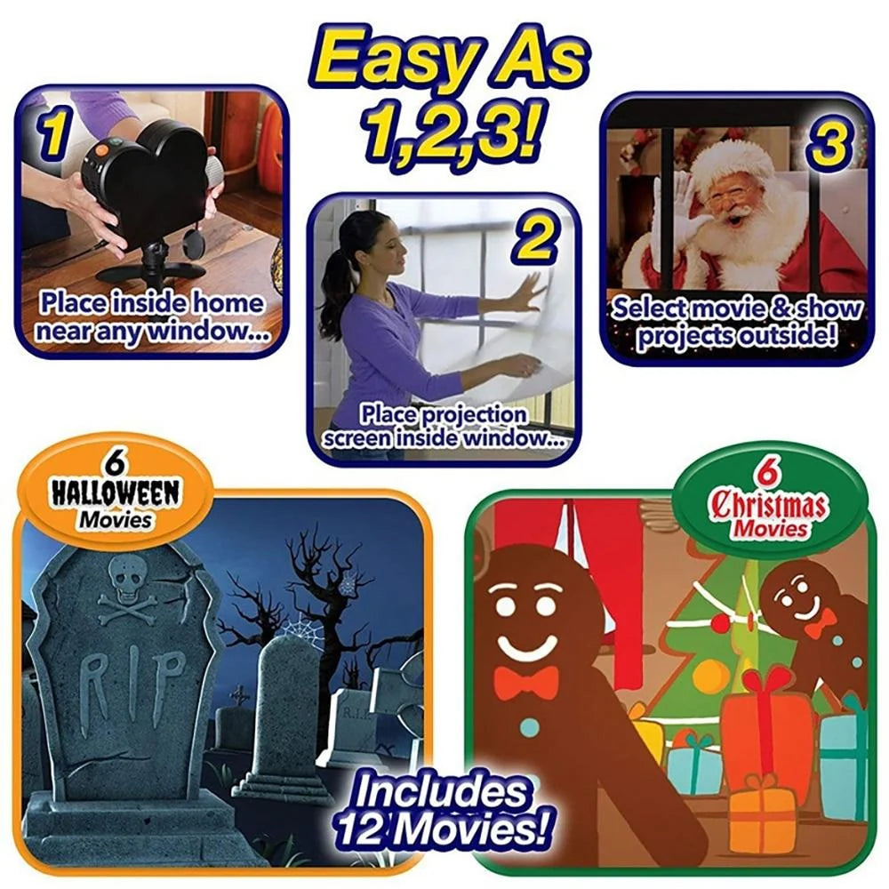 Window Projector 12 Moving Holiday Animations Adjustable Focus