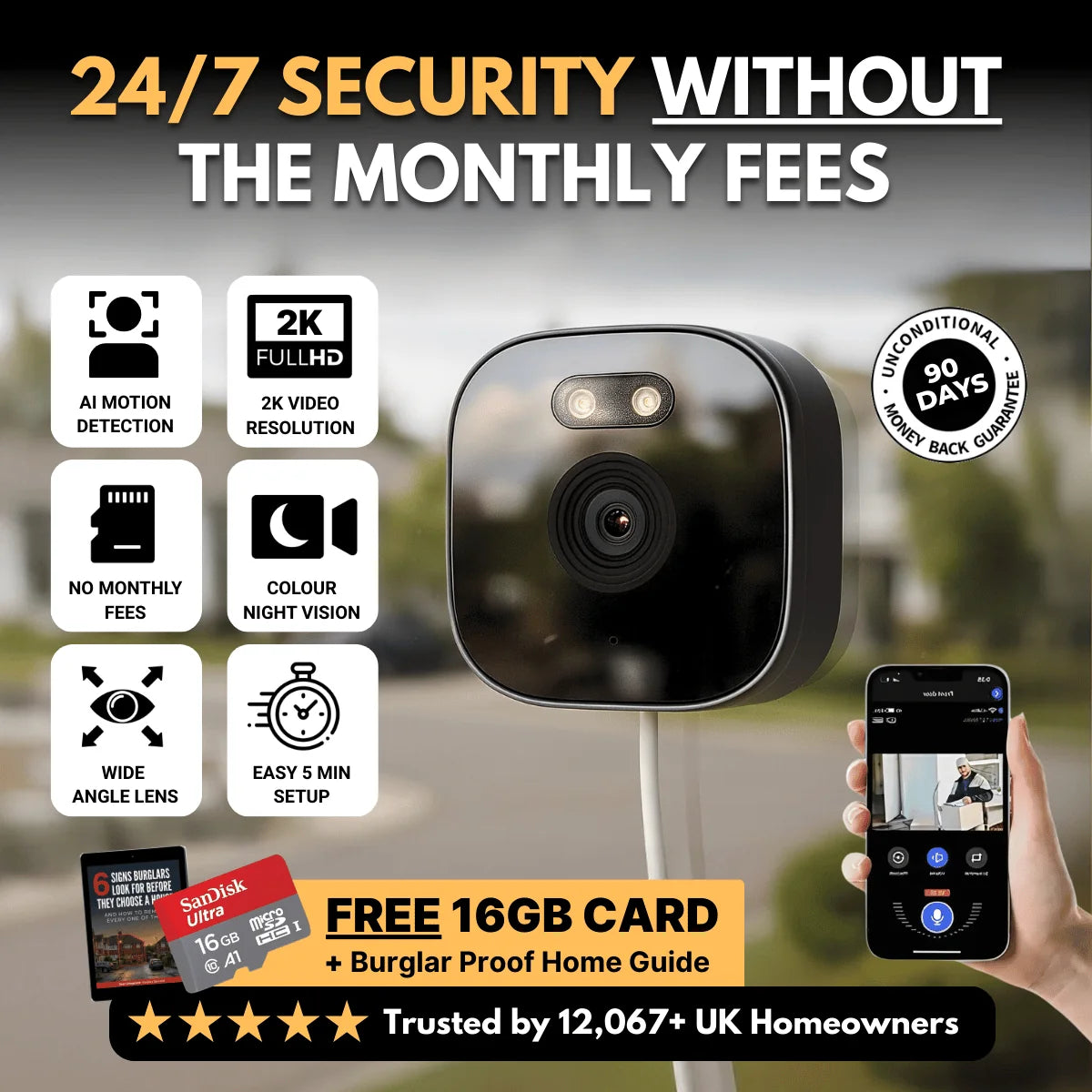 Window Security Camera 2K Video Human Detection MicroSD Storage