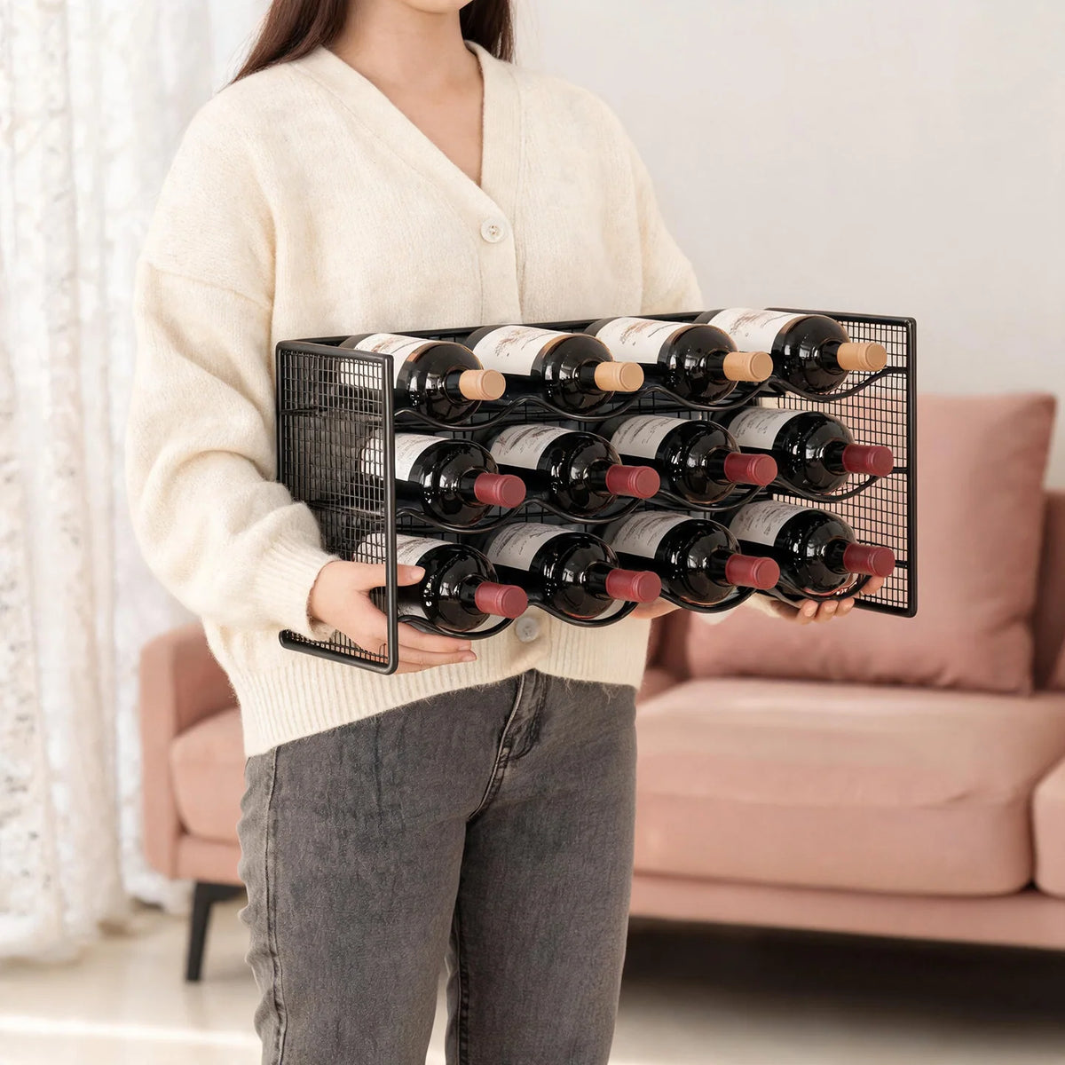 Wine Bottle Rack Powder-Coated Metal Stackable Mesh Design