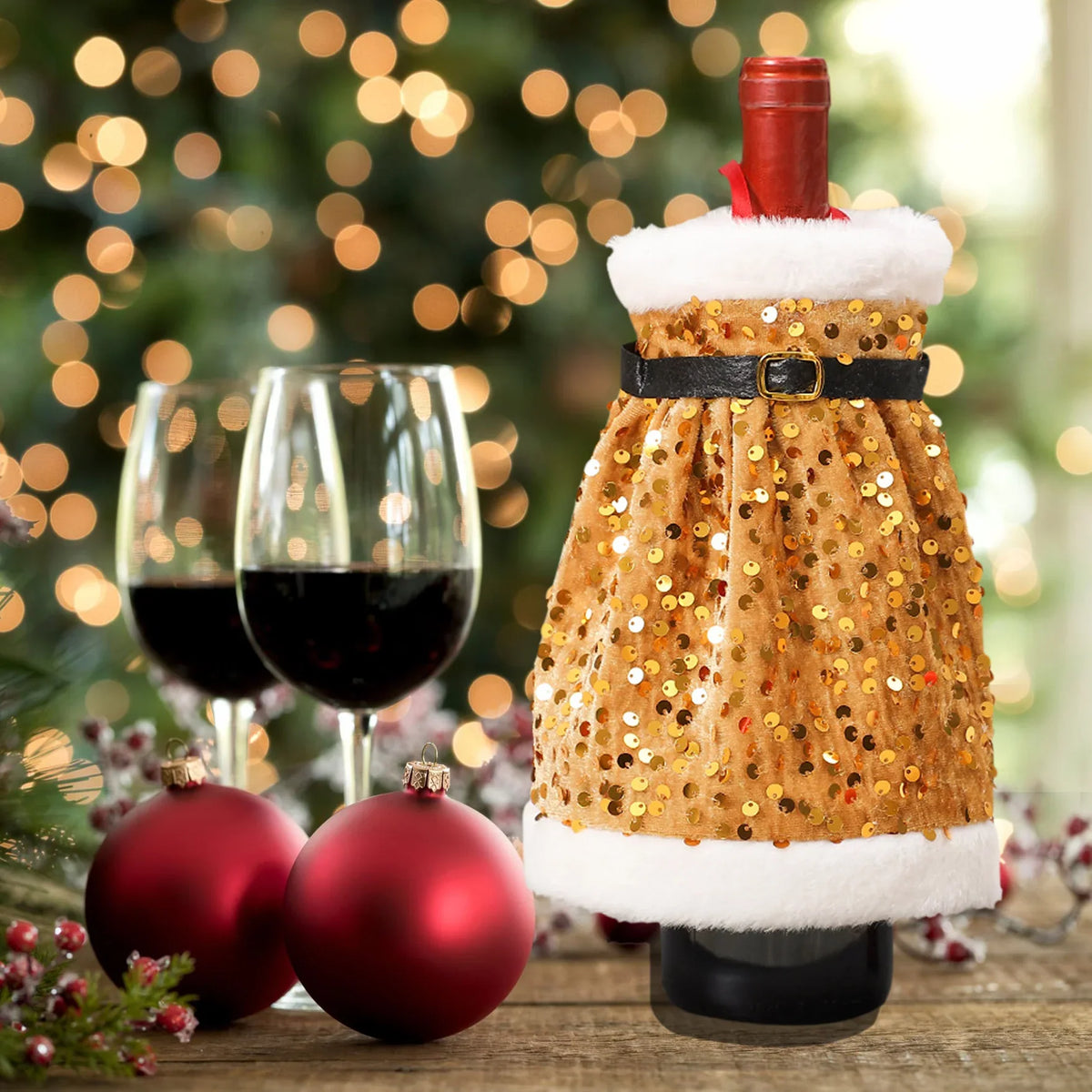 Wine Bottle Wrap Sequin & Faux Fur Belt Closure