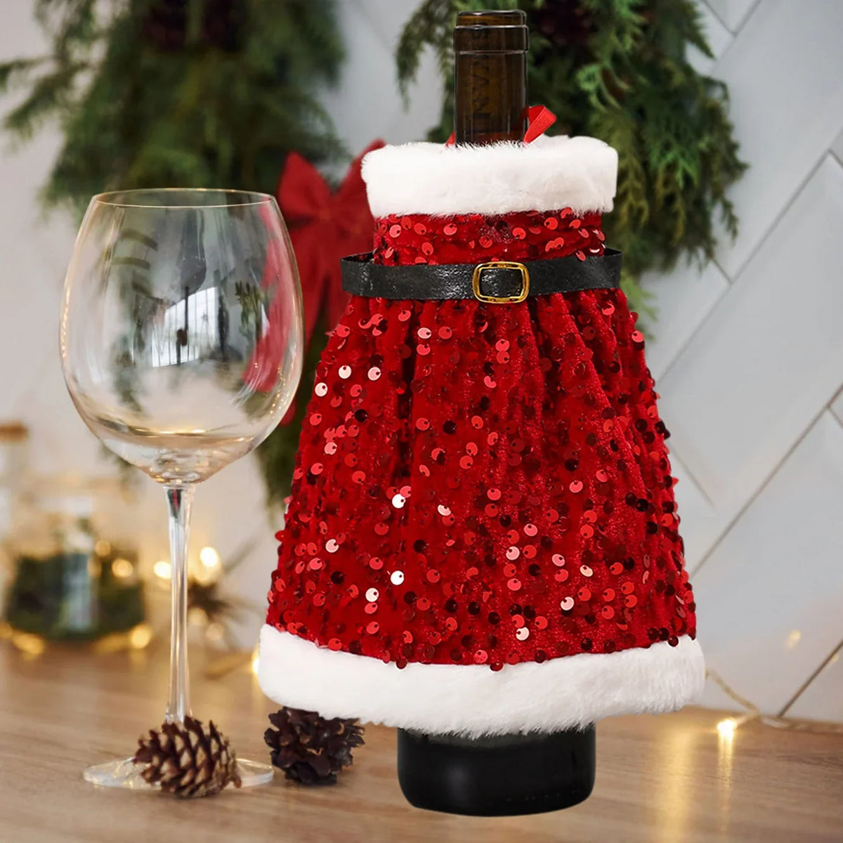 Wine Bottle Wrap Sequin & Faux Fur Belt Closure