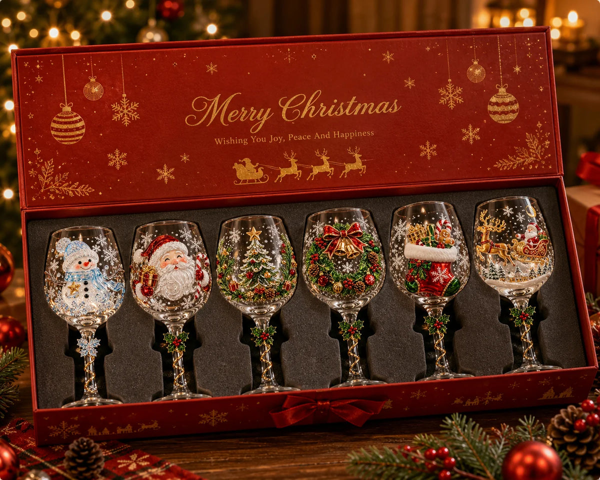 Wine Glasses Clear Glass Raised 3D Holiday Designs Set of 6