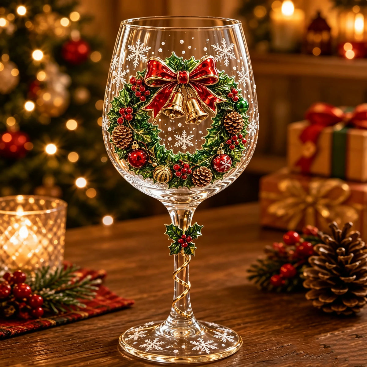 Wine Glasses Clear Glass Raised 3D Holiday Designs Set of 6