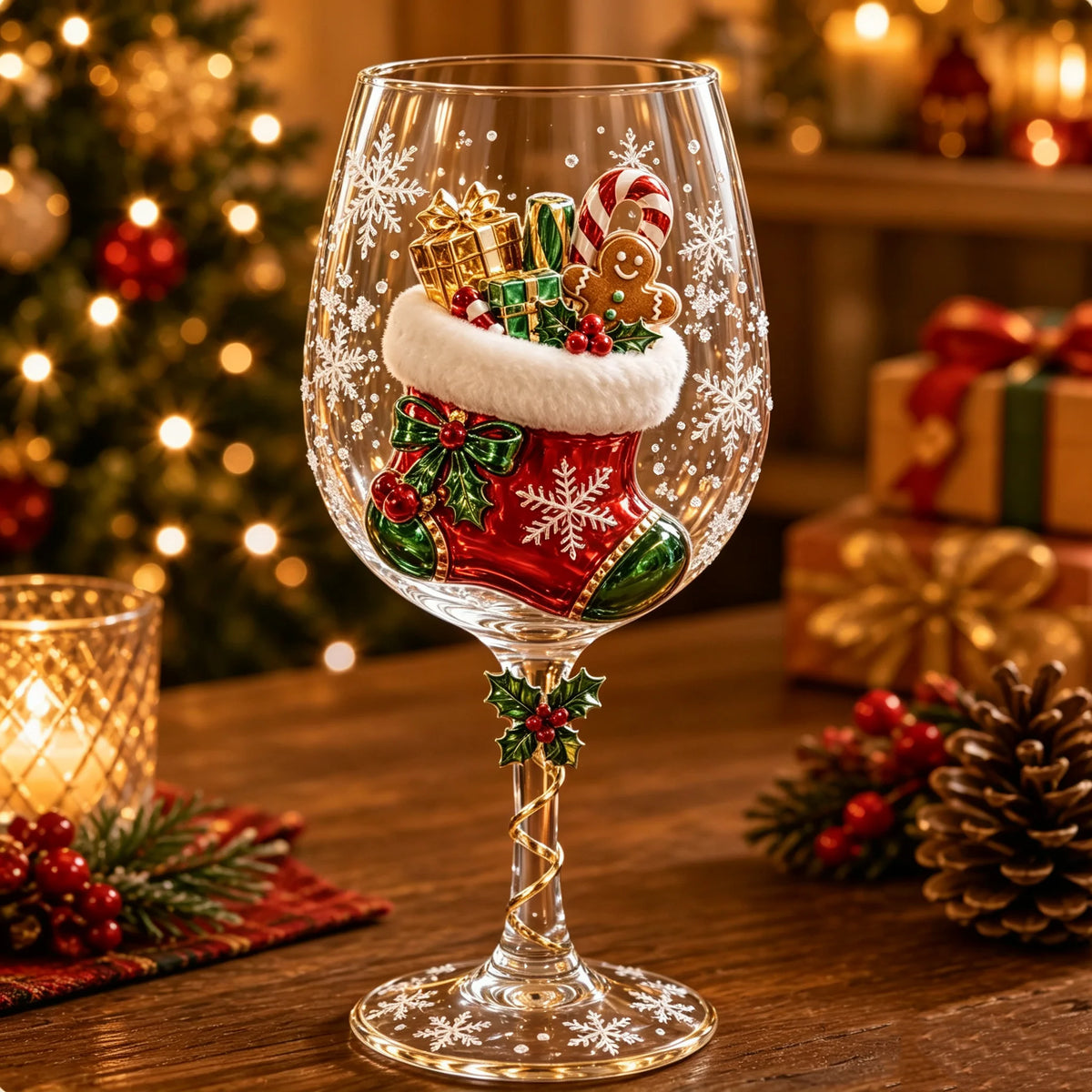 Wine Glasses Clear Glass Raised 3D Holiday Designs Set of 6