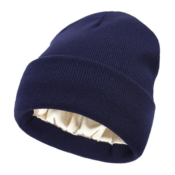 Winter Beanie Wool Outer Silk Lining Hair-Friendly