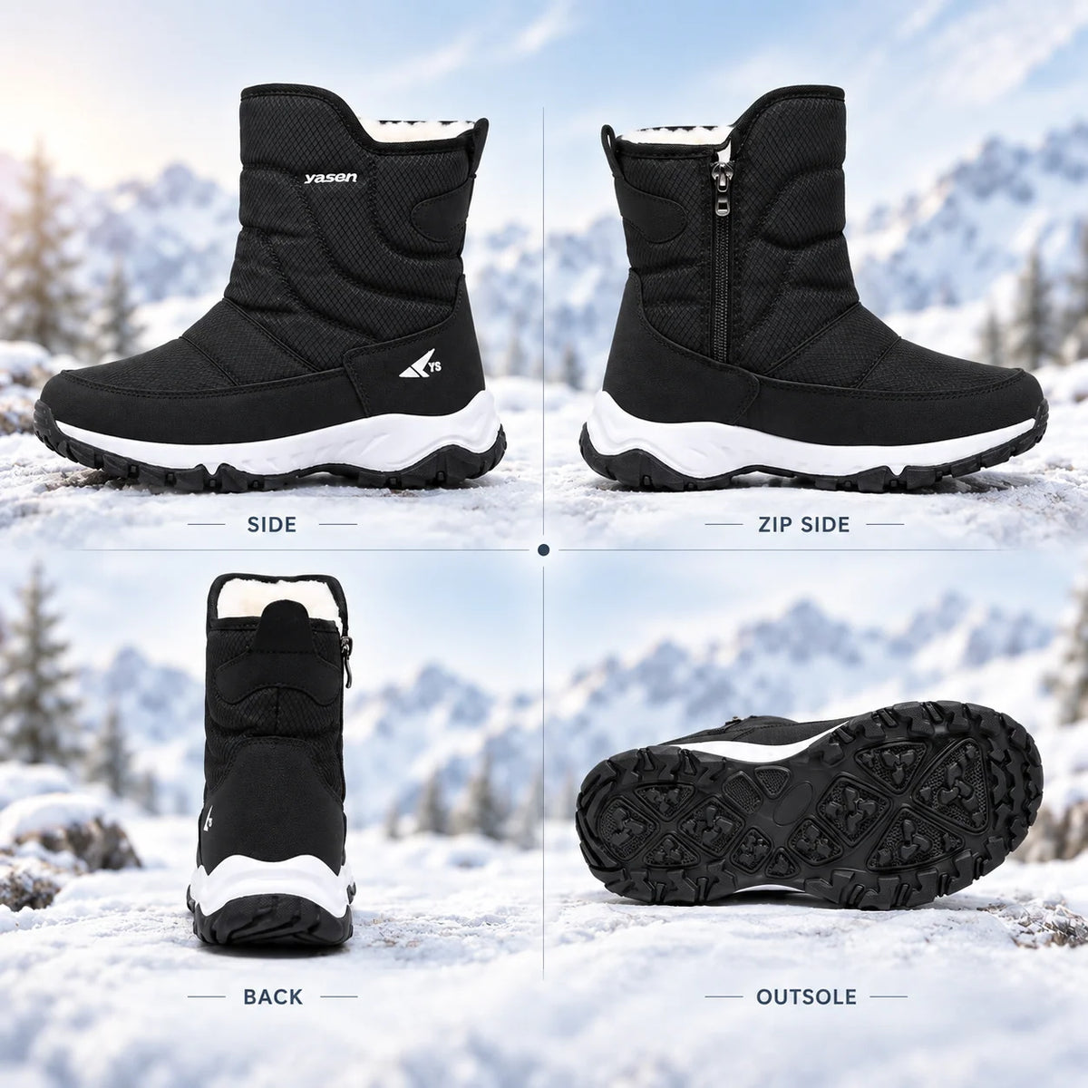 Winter Boots Water-Repellent Plush Lined Side Zipper Non-Slip Sole