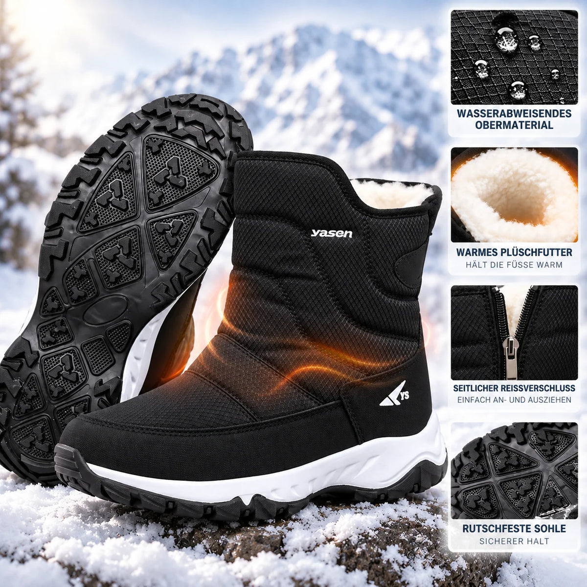 Winter Boots Water-Repellent Plush Lined Side Zipper Non-Slip Sole