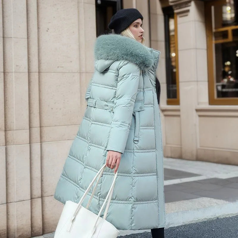 Winter Coat Long Belted Fur-Trimmed Hood