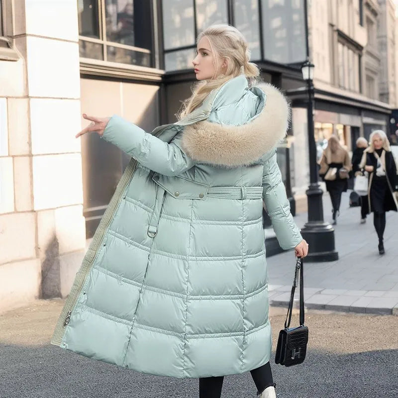 Winter Coat Long Belted Fur-Trimmed Hood