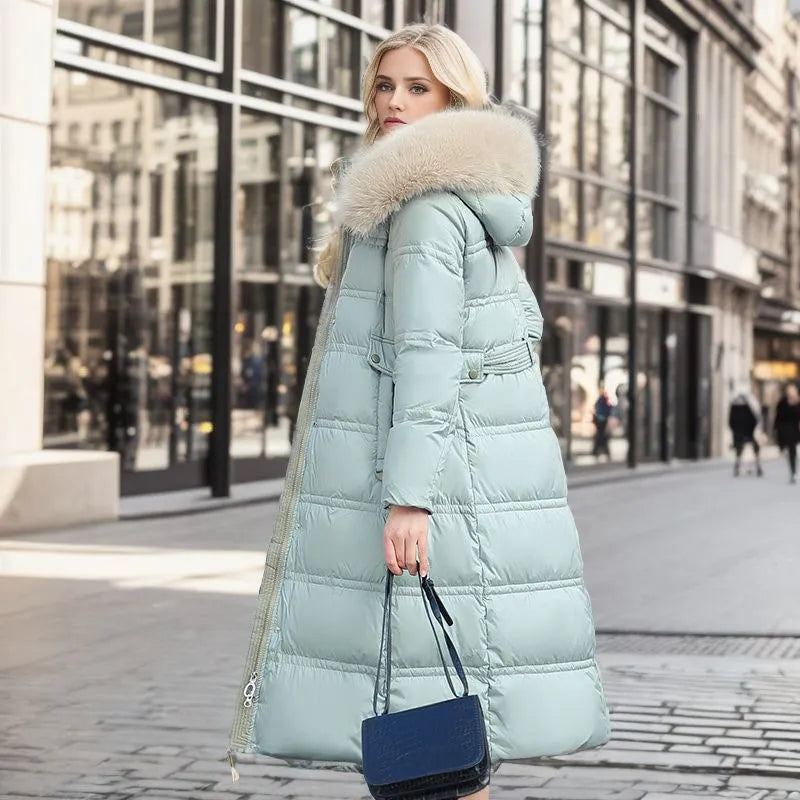 Winter Coat Long Belted Fur-Trimmed Hood
