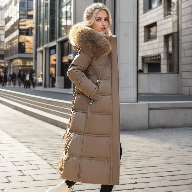 Winter Coat Long Belted Fur-Trimmed Hood