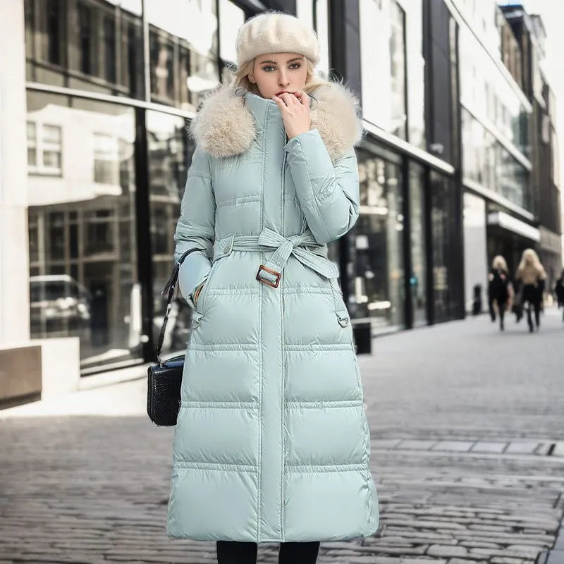 Winter Coat Long Belted Fur-Trimmed Hood