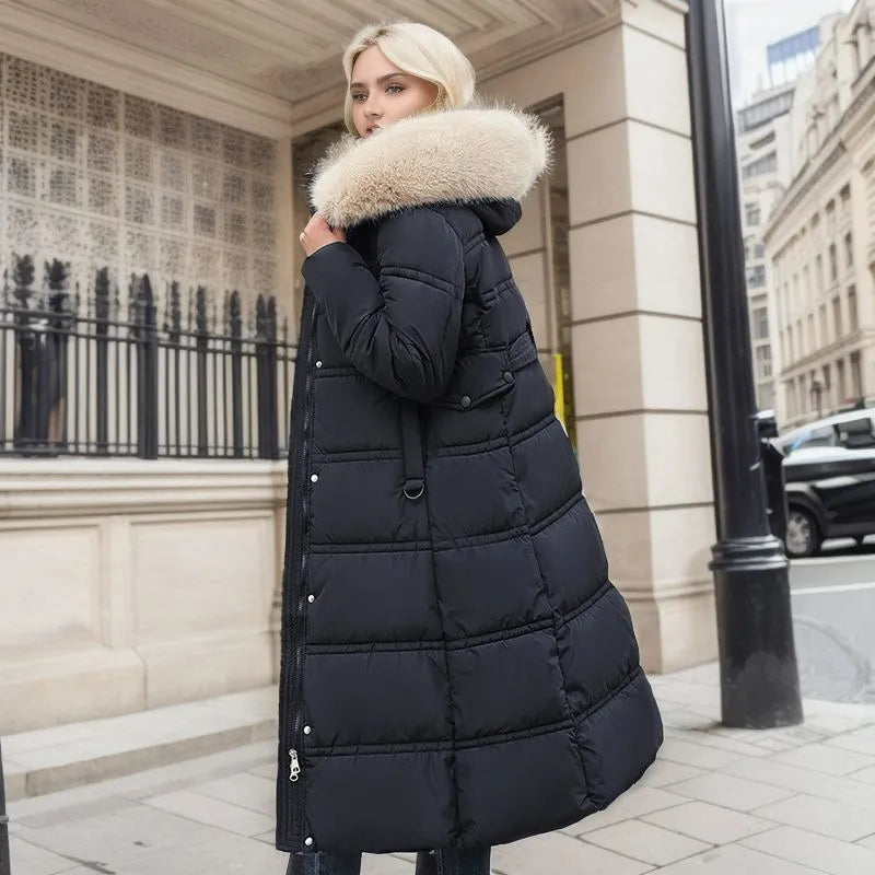 Winter Coat Long Belted Fur-Trimmed Hood