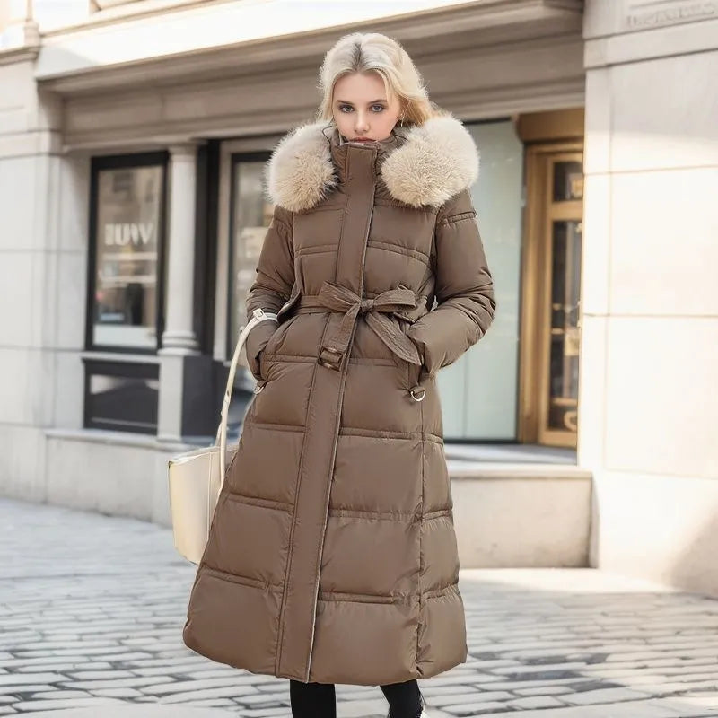 Winter Coat Long Belted Fur-Trimmed Hood