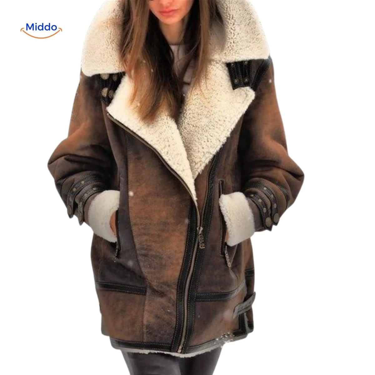 Winter Coat Longline Faux Fur Lined Suede-Look Zipper Pockets