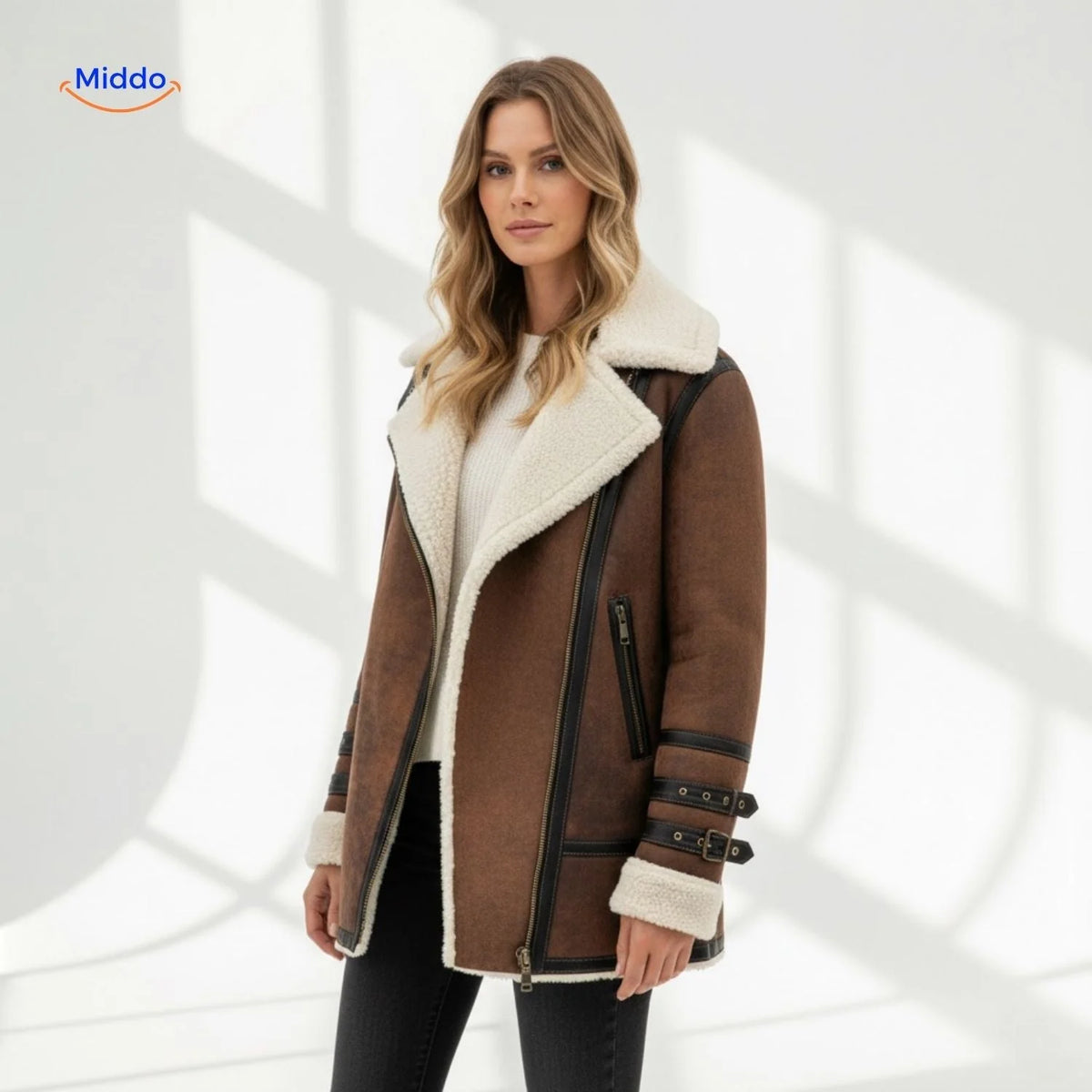 Winter Coat Longline Faux Fur Lined Suede-Look Zipper Pockets