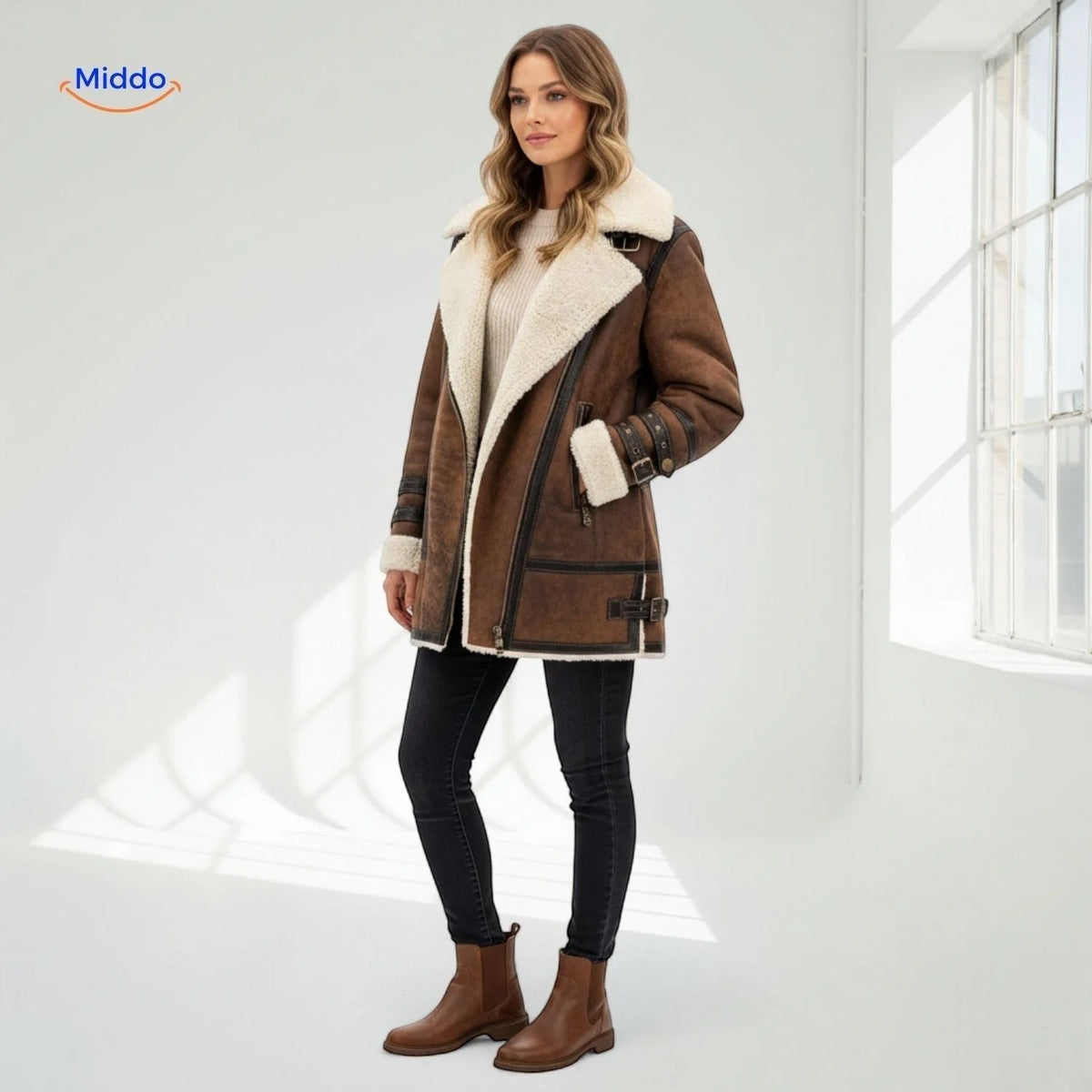 Winter Coat Longline Faux Fur Lined Suede-Look Zipper Pockets