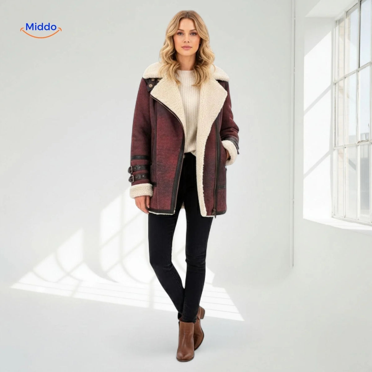 Winter Coat Longline Faux Fur Lined Suede-Look Zipper Pockets
