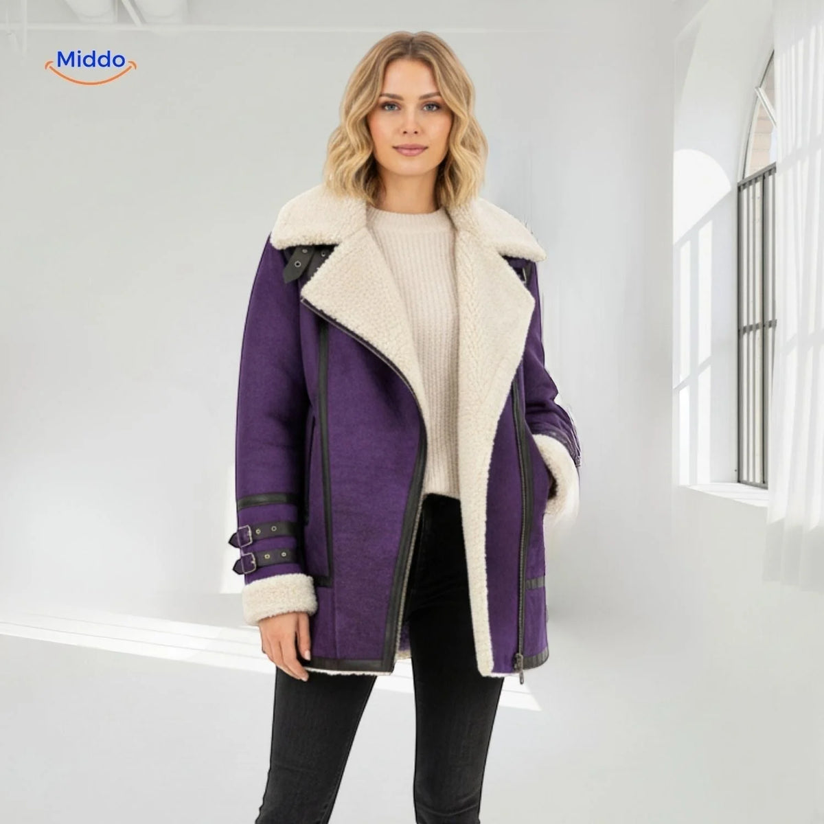 Winter Coat Longline Faux Fur Lined Suede-Look Zipper Pockets