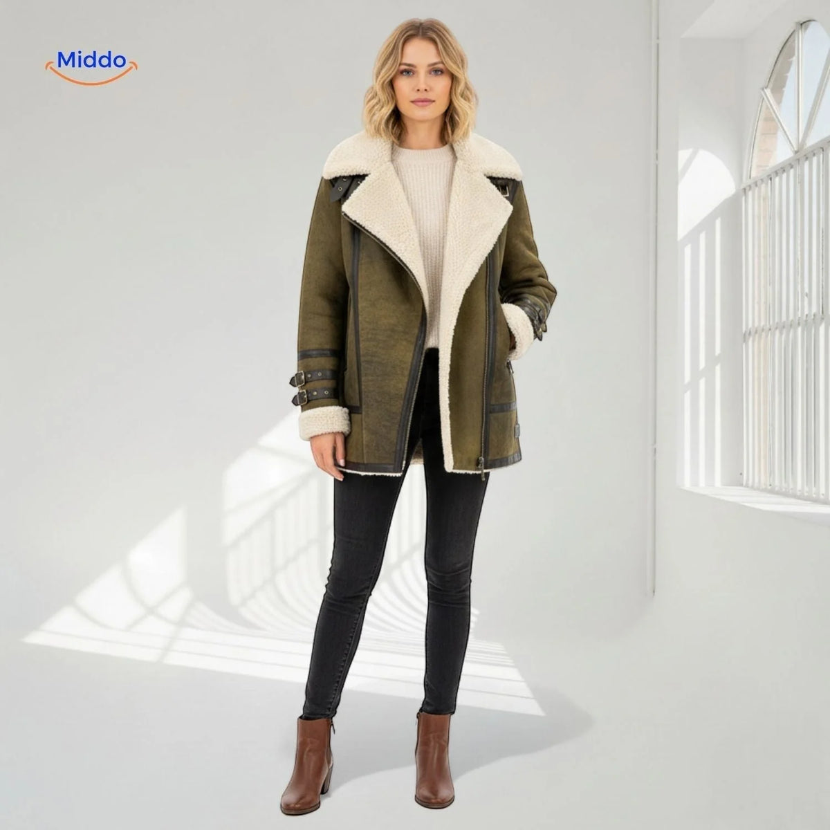 Winter Coat Longline Faux Fur Lined Suede-Look Zipper Pockets