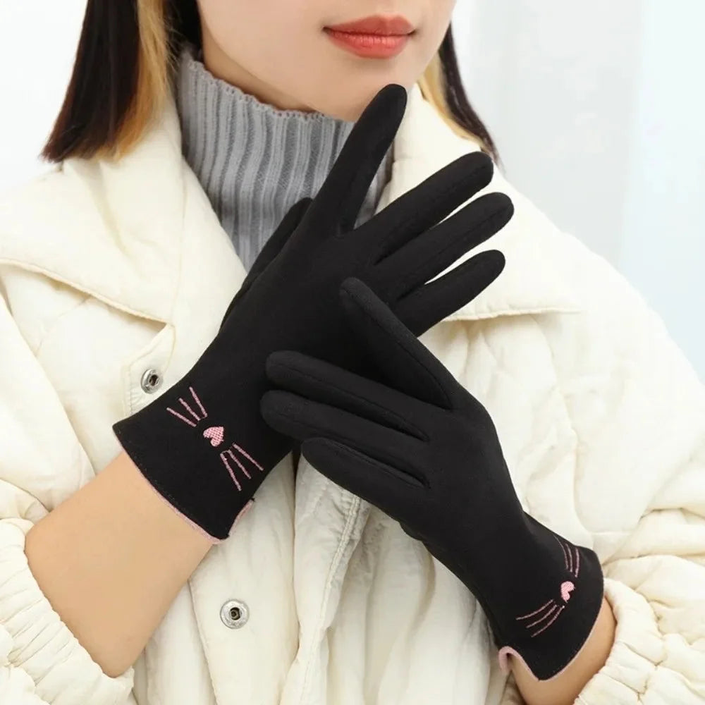 Winter Gloves Touchscreen Fleece-Lined Embroidered Cat Design
