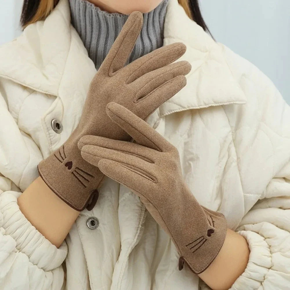 Winter Gloves Touchscreen Fleece-Lined Embroidered Cat Design